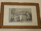 an old picture of a couple of men and a dog in a room