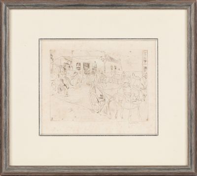 un dessin représentant un groupe de personnes assises autour d'une table devant un bâtiment