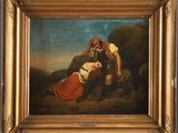 a painting of a man and a woman in a rocky landscape