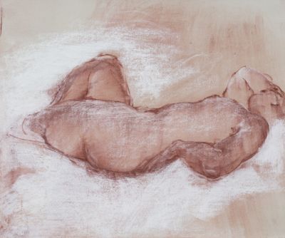 painting of a nude woman laying on her back on a bed