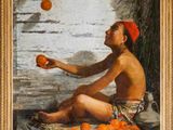 un tableau représentant un garçon assis par terre avec des oranges