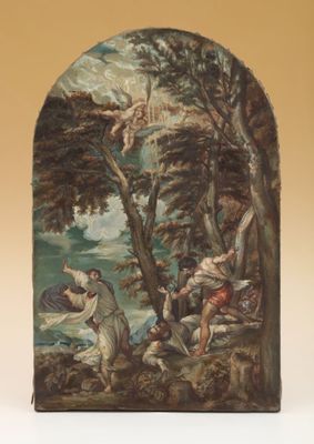 une image d'un tableau représentant un groupe de personnes dans une zone boisée