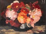 a painting of flowers in a silver vase on a table
