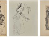 quatre dessins représentant des femmes en robe et chapeau, dont l'une tient un panier