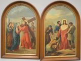 two paintings of jesus carrying the cross and a man kneeling down