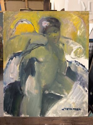 un tableau représentant une femme assise sur une chaise dans un atelier