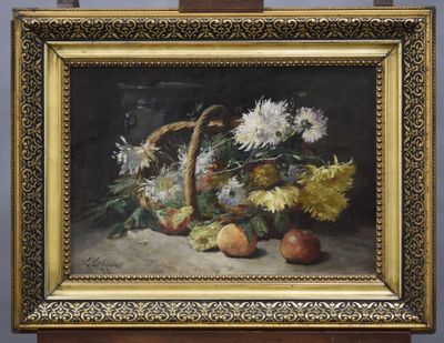 une photo d'un tableau représentant des fleurs et des fruits posés sur une table