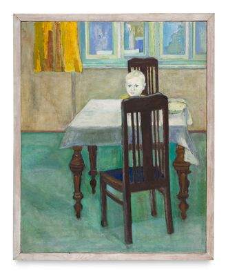 tableau représentant une salle à manger avec une table, des chaises et un vase posé sur la table
