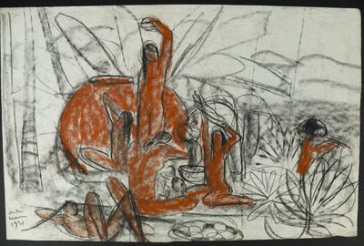 dessin représentant un homme assis sur un cheval dans les bois