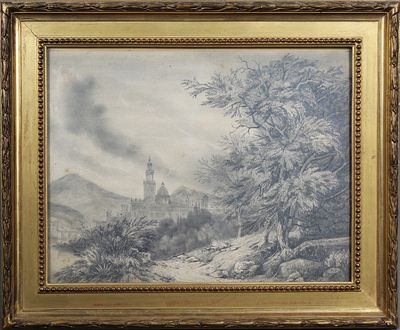une vieille peinture représentant un château au milieu d'un paysage enneigé