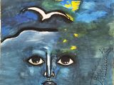 painting of a woman ' s face with a bird flying over her head