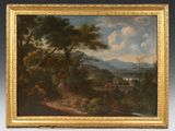 an oil painting of a landscape with a castle in the distance