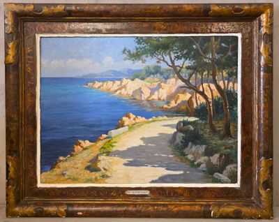 une peinture à l'huile représentant un sentier menant à l'océan, parsemé de rochers et d'arbres