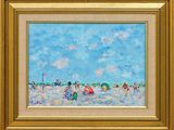 an oil painting of a beach scene with people on the sand