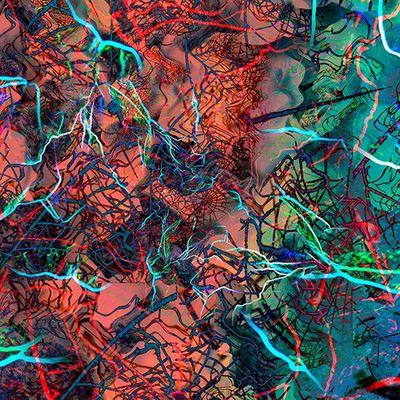 peinture abstraite représentant un enchevêtrement de fils et de câbles sur fond rouge