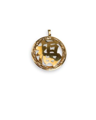 a close up of a gold plated pendant on a white background