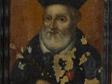 an old painting of a man with a black hat and a white beard