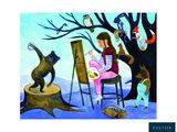 un tableau représentant une fillette assise sur une chaise, entourée d'animaux