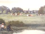 a painting of a man and a dog in a field
