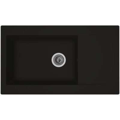 a close up of a black sink on a white background