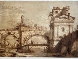an old drawing of a bridge with a statue on top of it