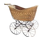 an old fashioned wicker baby carriage with wheels and a basket on top