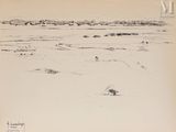 dessin représentant un paysage avec un cheval solitaire au premier plan
