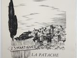 a black and white drawing of a town with a tree