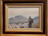 painting of a man with a dog and a flock of sheep in a field