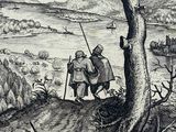 an old drawing of a couple of men standing next to a tree