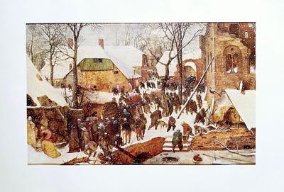 a picture of a painting of a village in the snow