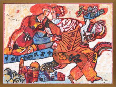 painting of a man and a woman sitting on a couch next to each other
