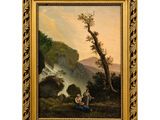 un tableau représentant un couple assis par terre devant une montagne