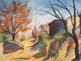une peinture d'un chemin de terre avec des arbres en arrière-plan