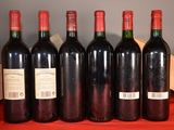 six bottles of red wine are lined up on a red table