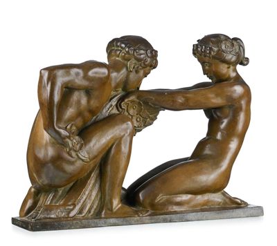 an image of a bronze statue of two women on a marble base