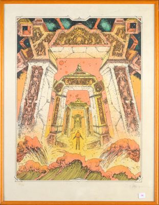painting of a man standing in front of a doorway with a sky background