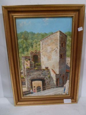an oil painting of an old building with a man walking by it