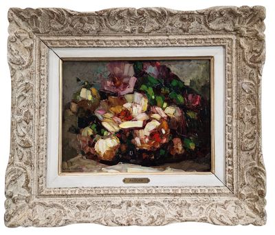an oil painting of a basket of flowers on a table