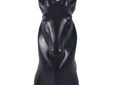 black stag head sculpture on stand on white background