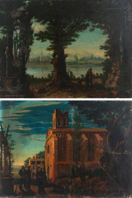 two paintings of a landscape with a church and a village