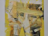 une peinture abstraite composée de lignes jaunes et noires sur fond blanc