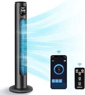 un ventilateur colonne noir avec une télécommande et un téléphone portable