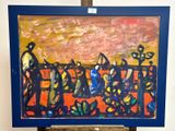 a painting of a group of people walking on a bridge