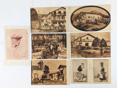 plusieurs vieilles photos représentant des personnes et des chevaux devant une maison