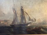 a painting of a boat in the water with a lighthouse in the background
