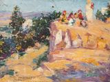 an oil painting of a group of people sitting on top of a hill