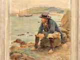 an image of a painting of a man sitting on a rock by the water