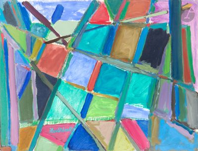peinture représentant une œuvre d'art abstraite aux couleurs vives sur laquelle figure une horloge