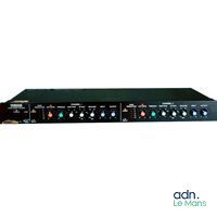 a close up of a black amplifier with a white background